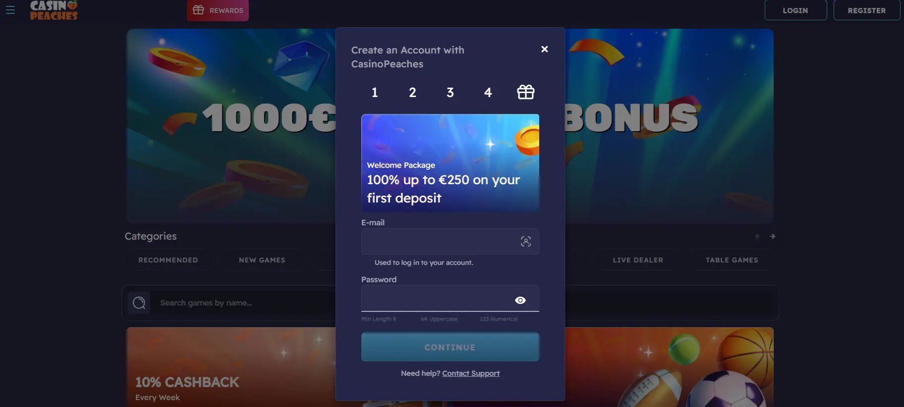 First steps after registration at Casino Peaches.